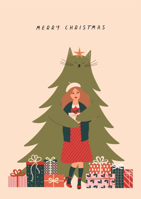 Cute Christmas Card - Cat Shaped Christmas Tree - Gifts created by Sad Girl Illustration