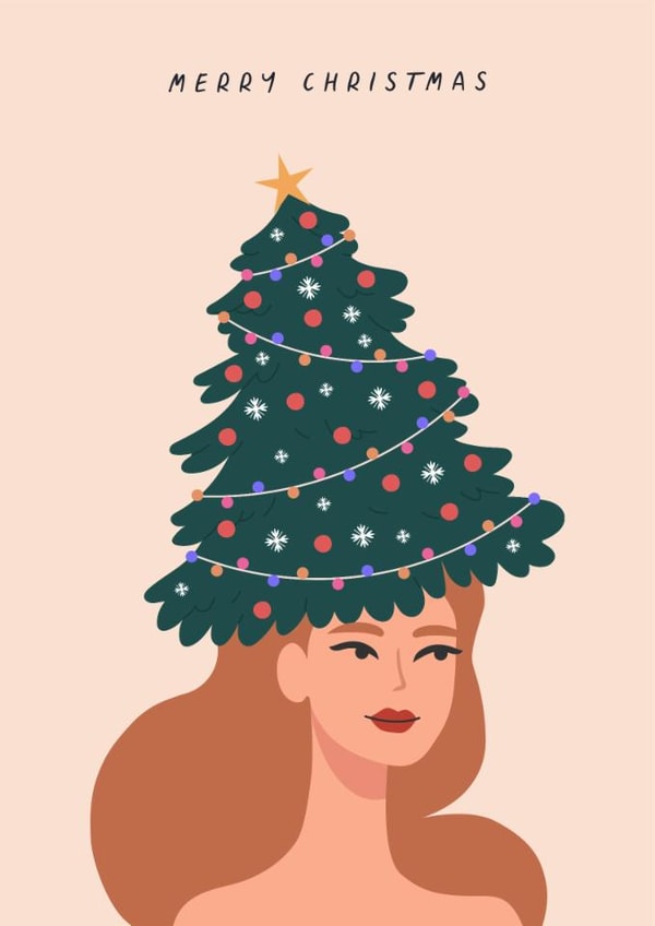 Arty Christmas Card - Christmas Tree Hat - Baubles created by Sad Girl Illustration
