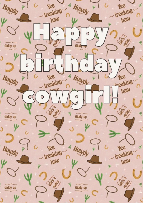 Cowgirl birthday card, rodeo card, cowboy romance lover card created by Illustrations by Sammy