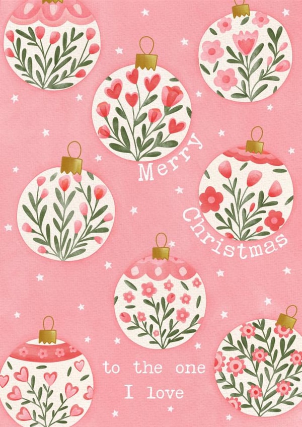 Pretty Pink Floral Baubles Christmas Card for wife - girlfriend - partner created by The Merry Giraffe