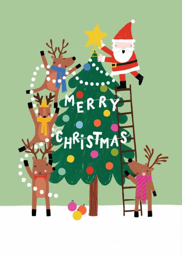 Cute Christmas Card - Santa - Reindeer Decorating A Tree created by Nicola Watson