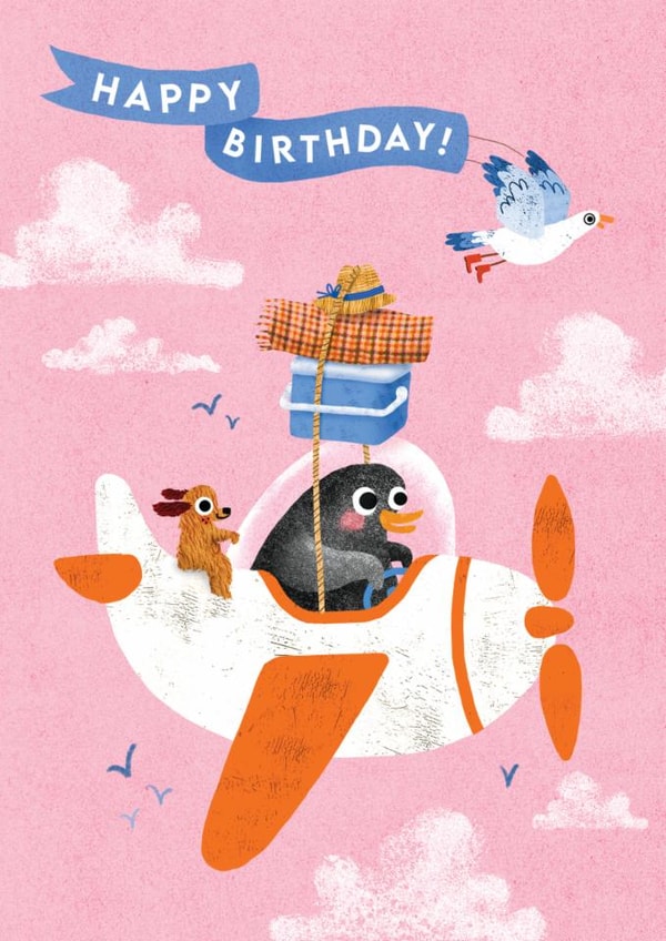 Cute Penguin Birthday Card - Funny Aeroplane Birthday Card - Animal Themed Card created by Emily Nash Illustration