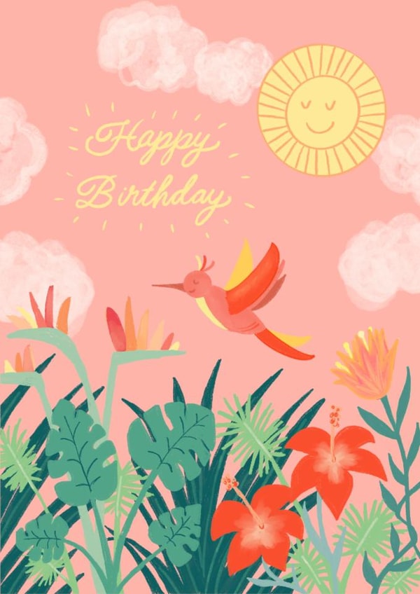 Cute Tropical Birthday Card with Flowers and Hummingbird created by Abi Bryan