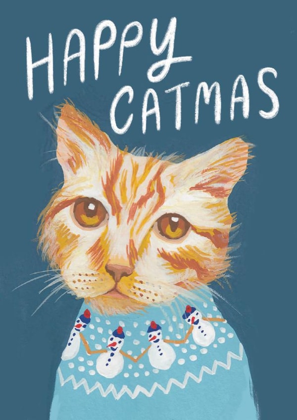 Classic Christmas Card - Ginger Cat in a Christmas Jumper - Happy Catmas created by Rebecca McConnachie