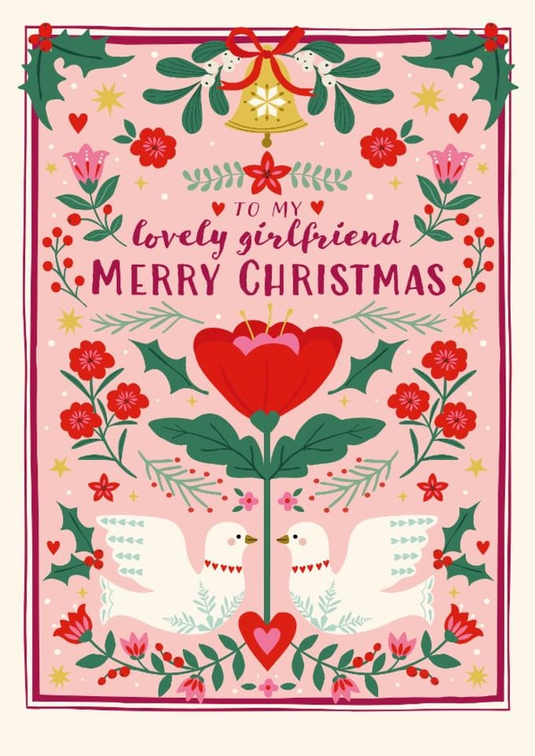 Pretty Christmas Card - For Lovely Girlfriend - Folk Florals created by Nina Raby - Jones