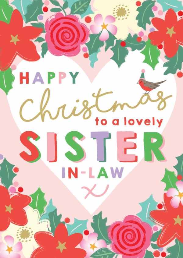 Pretty Christmas Card - Lovely Sister In Law - Floral Heart Design created by Michelle Fiedler Design