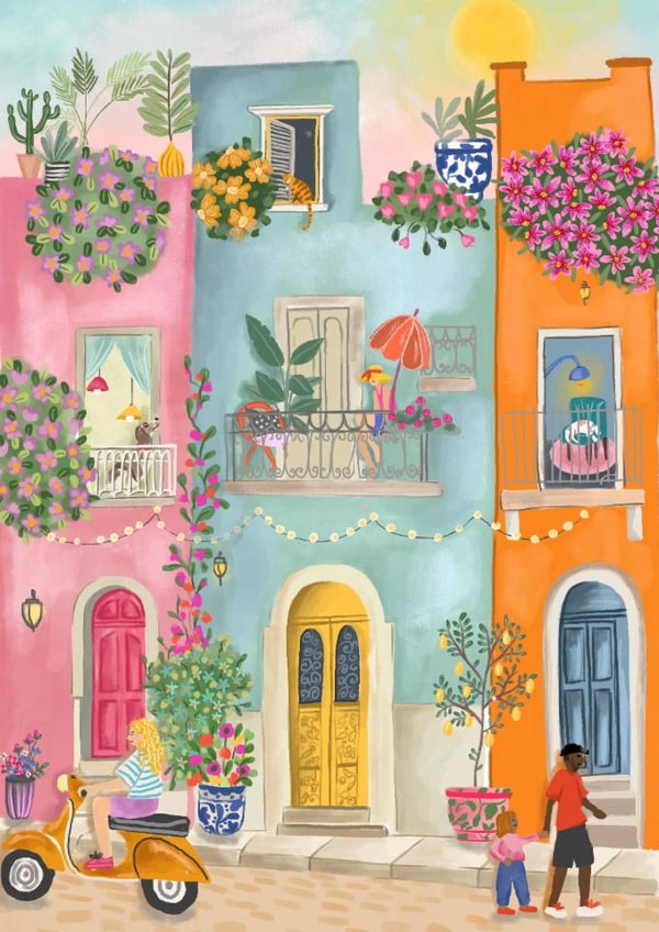 Pretty Birthday/Just Because Card - Beautiful Street Scene - Flowers created by Lara Waghorn
