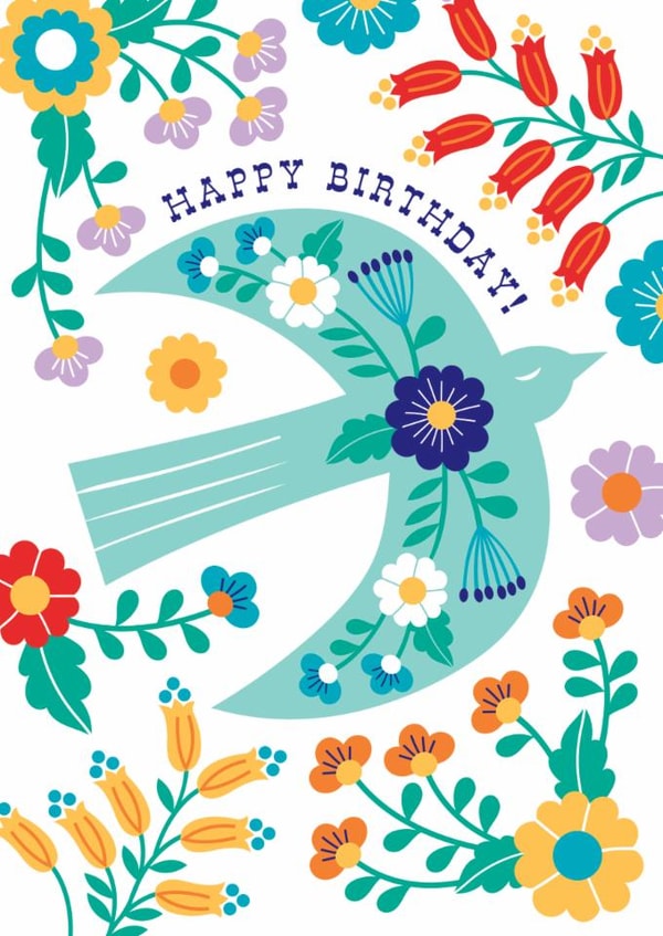 Pretty Birthday Card - Folk Blue Bird - Flowers created by Maggie Magoo Designs