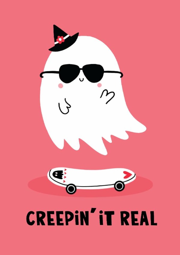 Cute Halloween Card - Creepin' It Real - Skateboarding Ghost created by Lucy Maggie Designs