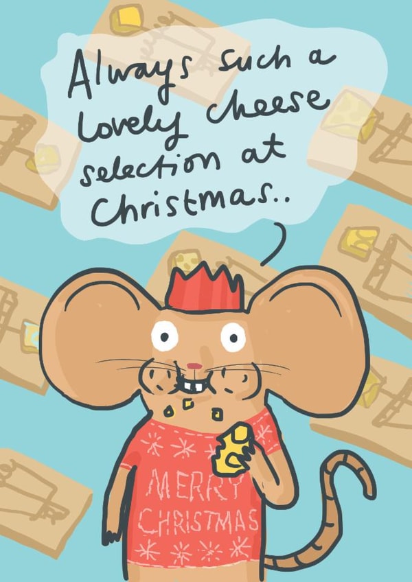 Funny Christmas card - Lovely Cheese Selection - Mouse Eating Cheese created by Sarah Ray