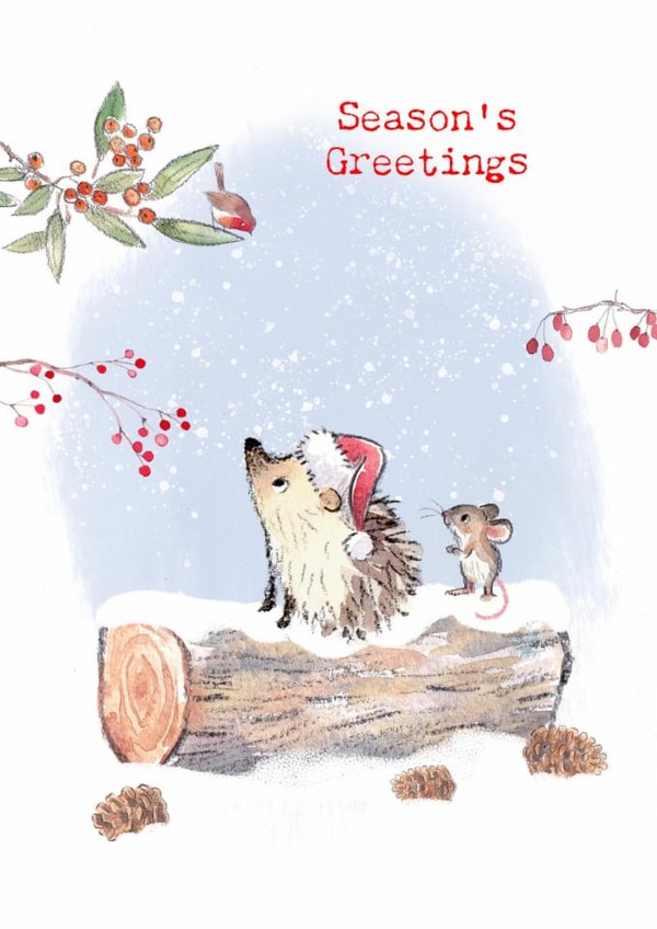 Traditional Christmas Card - Seasons Greetings - Hedgehog And Mouse On log created by Paper Shed Design