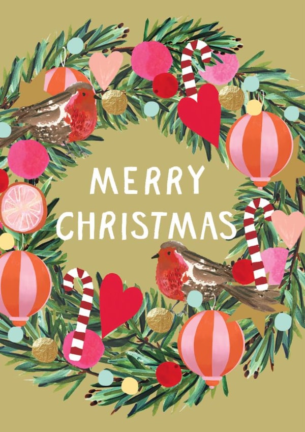 Colourful Christmas Card - Robin and Wreath - Merry Christmas created by Louise Tiler
