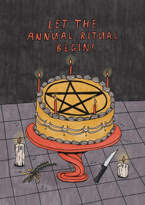 Funny Birthday Card - Witchy Pentagram Cake - Annual Ritual created by Sunpatch Society