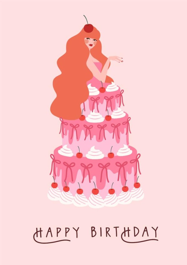Arty Birthday Card - For Her - Cherry Cake created by Sad Girl Illustration