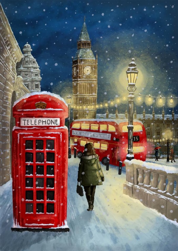 Traditional Christmas Card - London - Snow Scene created by Blue Kiwi Design