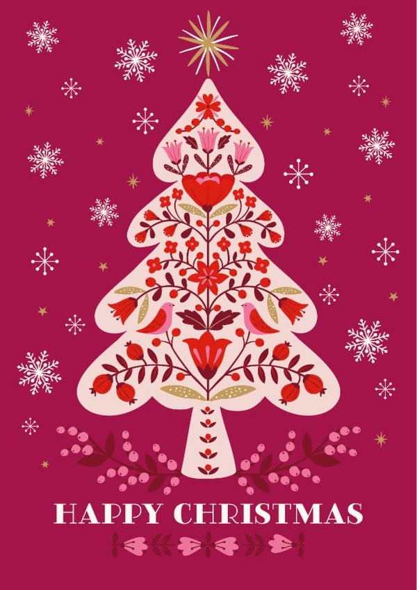 Classic Christmas Card - Scandinavian Folk Art Christmas Tree - Snowflakes created by Nina Raby - Jones