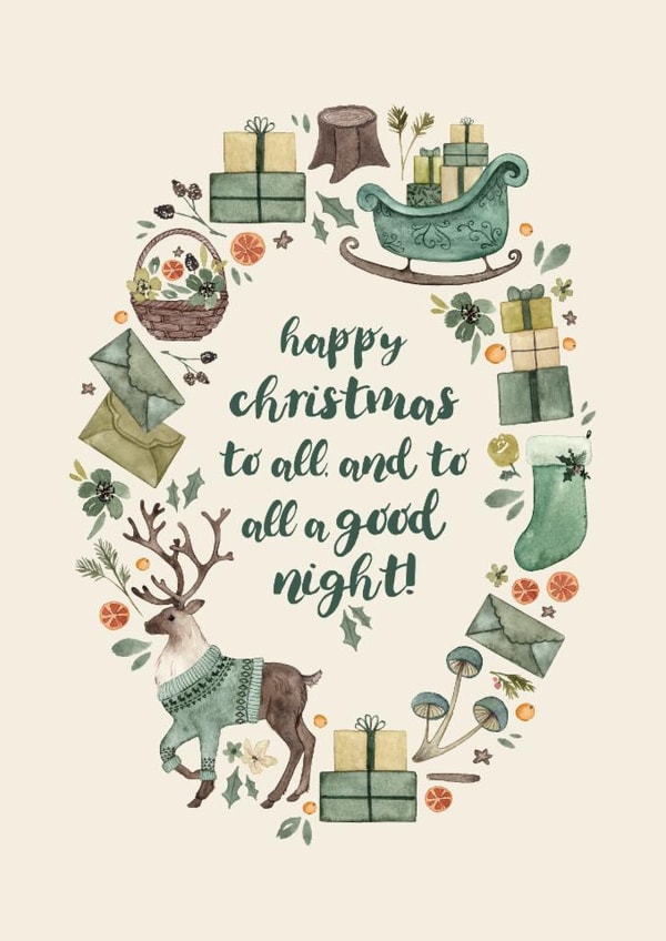 Classic Christmas Card - To All, And To All A Good Night! - Festive Illustrations created by Elena O'Neill