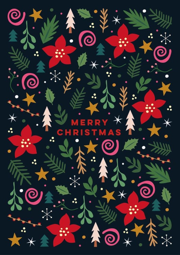 Classic Christmas Card - Poinsettia, Leaves, And Swirls - Festive Foliage created by Eli the Goat