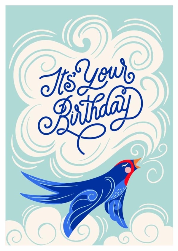 Cute and colourful bird singing ‘It’s Your Birthday’ card for friend and family created by catantrell