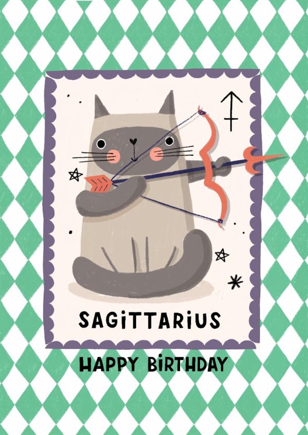 Cute Birthday Card - Sagittarius - Cat created by Nicola Watson
