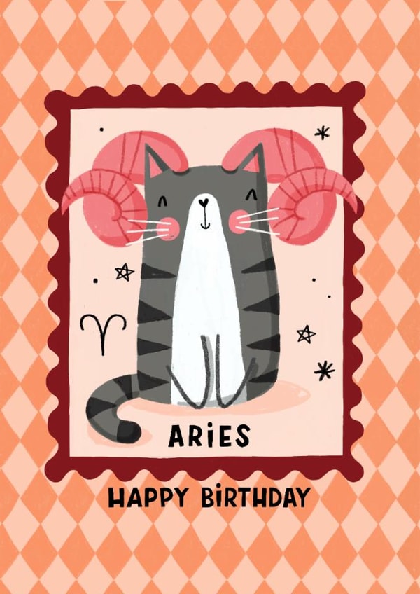 Cute Birthday Card - Aries - The Ram - Cat created by Nicola Watson