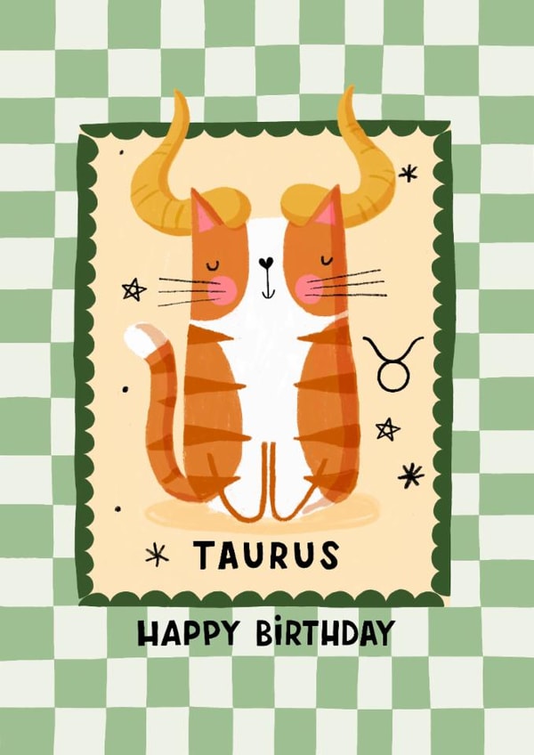 Cute Birthday Card - Taurus - The Bull - Cat Themed created by Nicola Watson