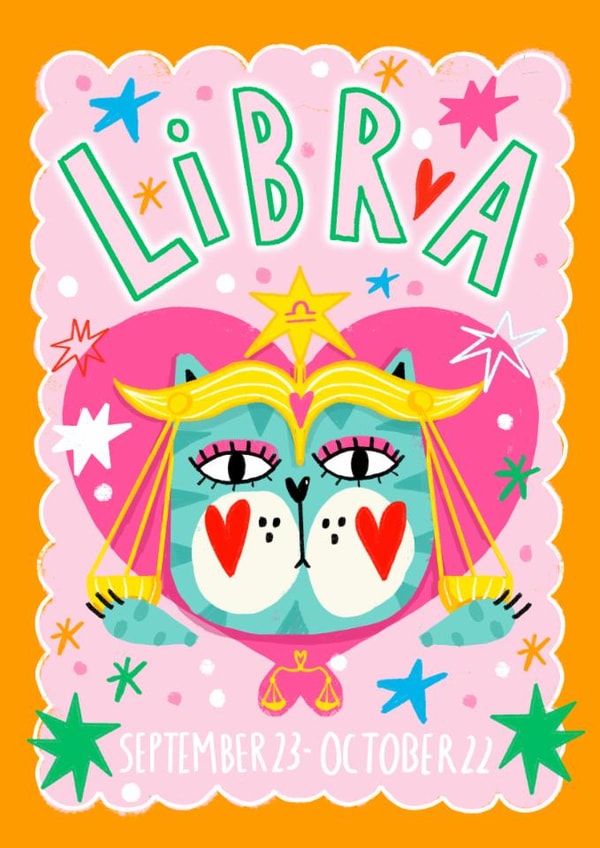 Arty Birthday Card - Libra Zodiac - Cat created by NICHOLA COWDERY ILLUSTRATIONS 