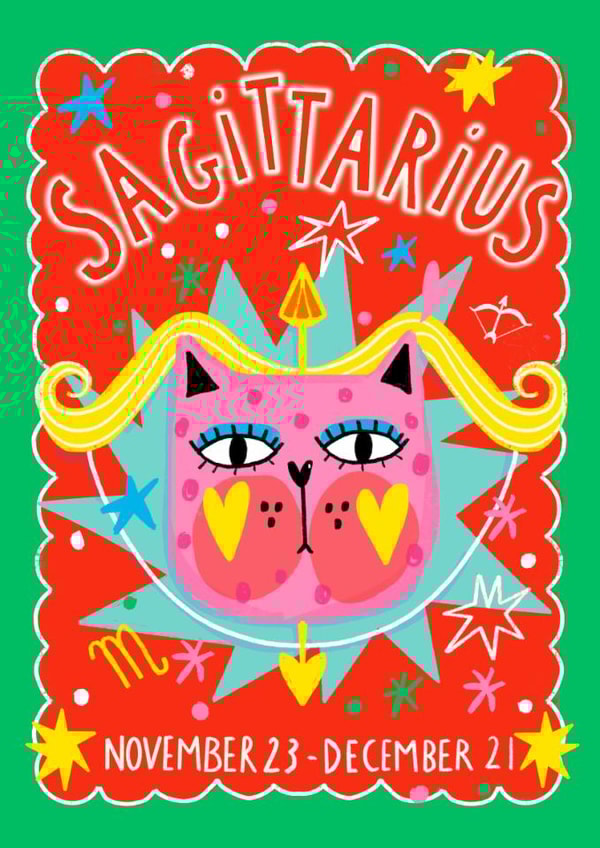 Arty Birthday Card - Sagittarius Zodiac - Cat created by NICHOLA COWDERY ILLUSTRATIONS