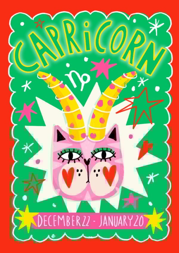 Arty Birthday Card - Capricorn Zodiac - Cat created by NICHOLA COWDERY ILLUSTRATIONS 