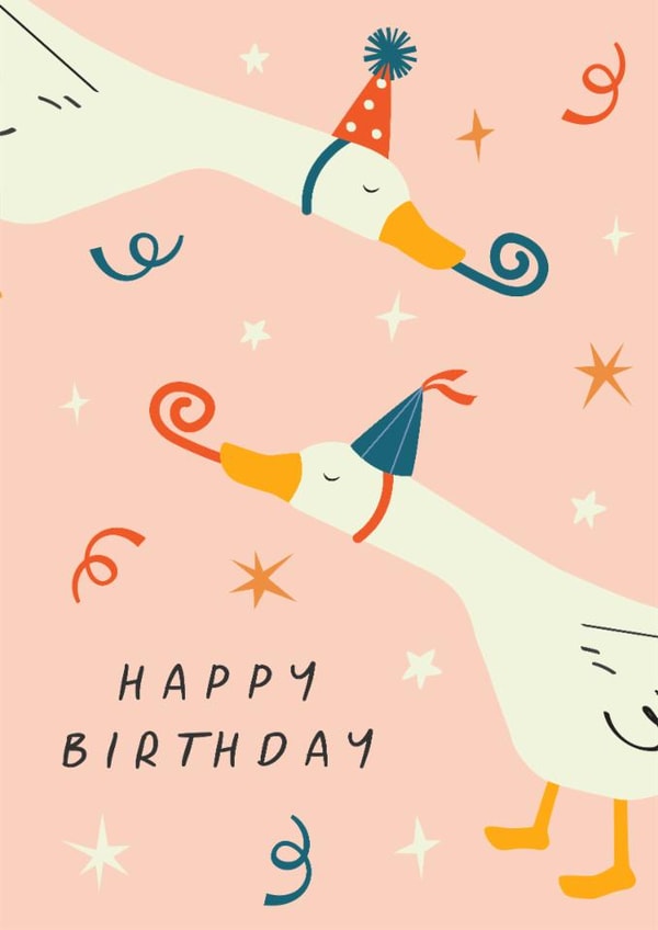 Cute Birthday Card - Goose - Party Hats & Confetti created by Sad Girl Illustration
