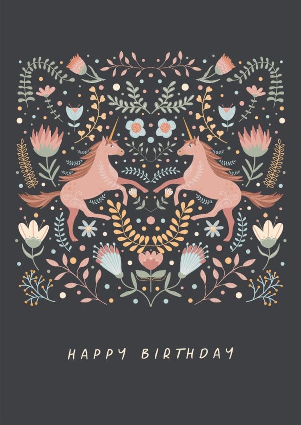 Classic Birthday Card - Folk Flowers - Unicorns created by Sad Girl Illustration