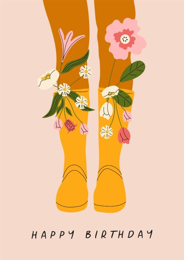 Classic Birthday Card - For Her - Wellie Boots & Flowers created by Sad Girl Illustration