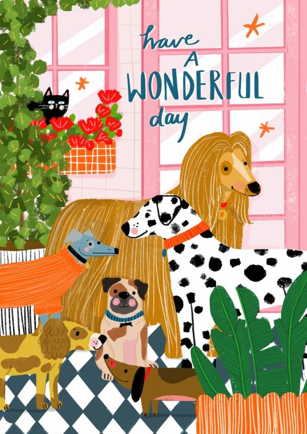 Arty Birthday Card - Dogs - Plants created by NICHOLA COWDERY ILLUSTRATIONS 