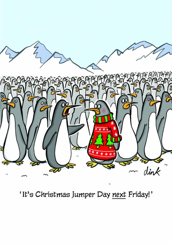 A funny Penguin Christmas card about Christmas Jumper Day created by Chris Williams