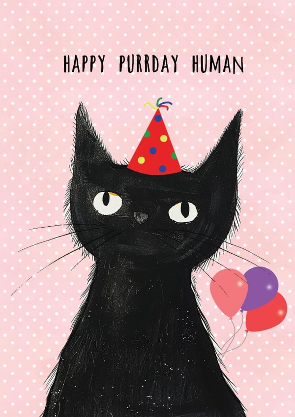 cute birthday card from the cat with black cat in party hat and balloons created by OurFriendsEclectic