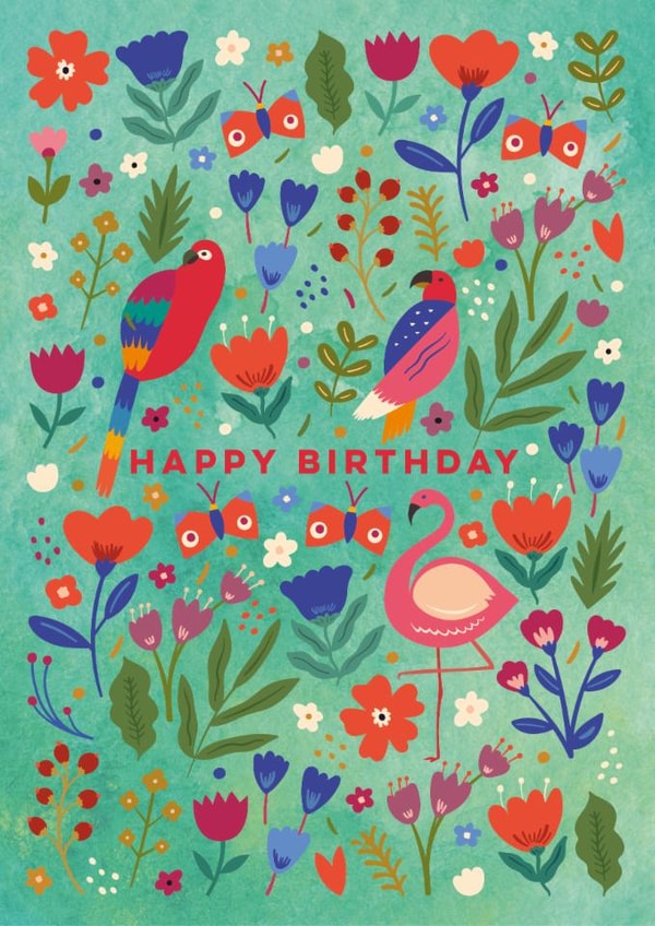 Pretty Birthday Card - Tropical Flowers & Birds - For Her created by Eli the Goat