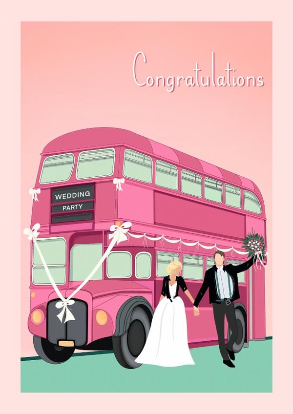 Fun Wedding Card - London Pink Bus - Bride & Groom created by Suzanne Taktak