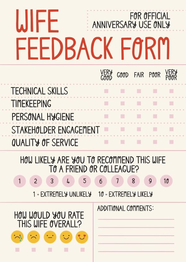 Funny Anniversary Card - For Wife - Feedback Form created by Christine Cuddihy Illustration