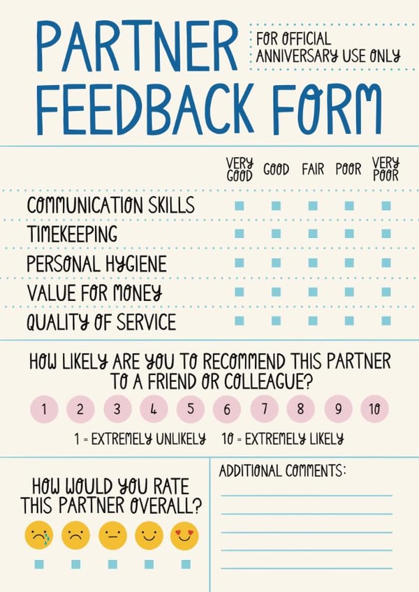 Funny Anniversary Card - For Partner - Feedback Form created by Christine Cuddihy Illustration