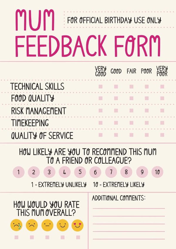 Funny Birthday Card - For Mum - Annual Performance Feedback Form created by Christine Cuddihy Illustration