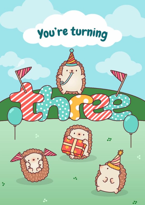 Cute 3rd Birthday Card - Hedgehog - You’re Turning Three created by Evie Garnett Designs