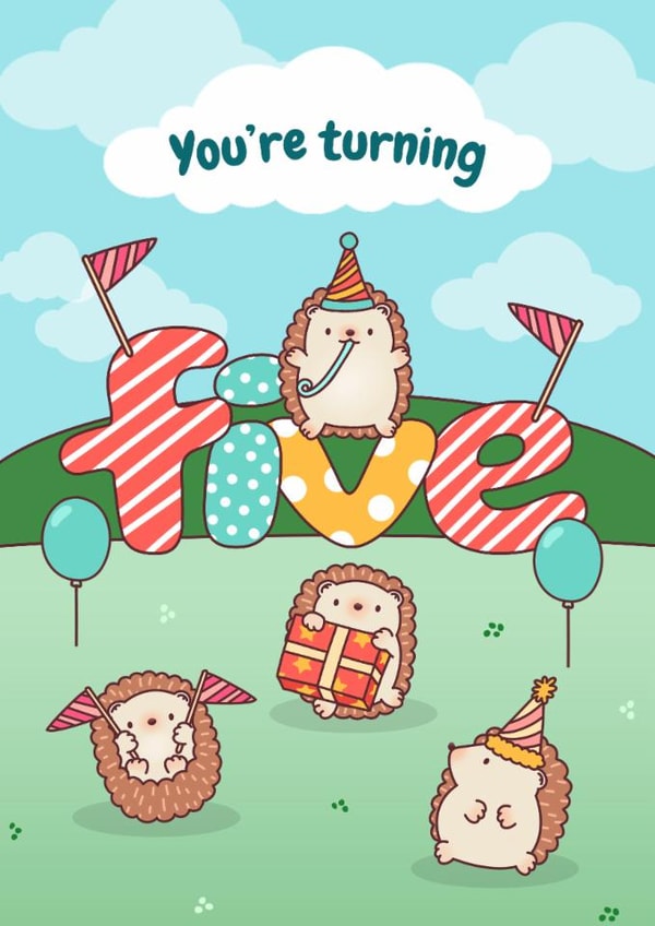 Cute 5th Birthday Card - Hedgehog - You’re Turning Five created by Evie Garnett Designs