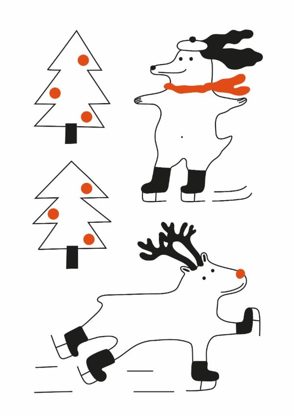 Arty Christmas Card - Deer and Dog Skating with a Festive Tree created by Liina Lember