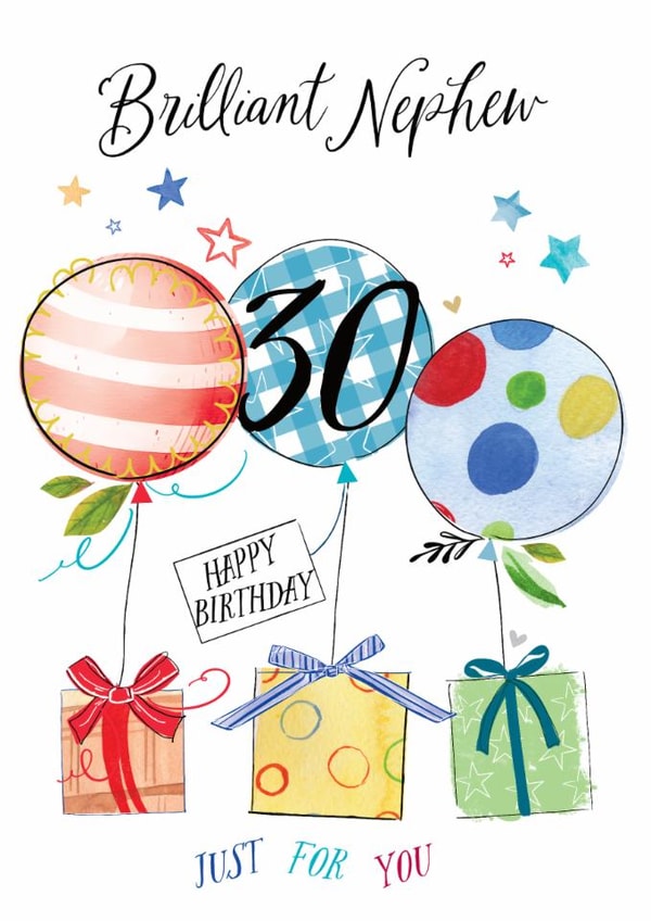 Traditional 30th Birthday Card - For Nephew - Balloons created by Katie Phythian Design