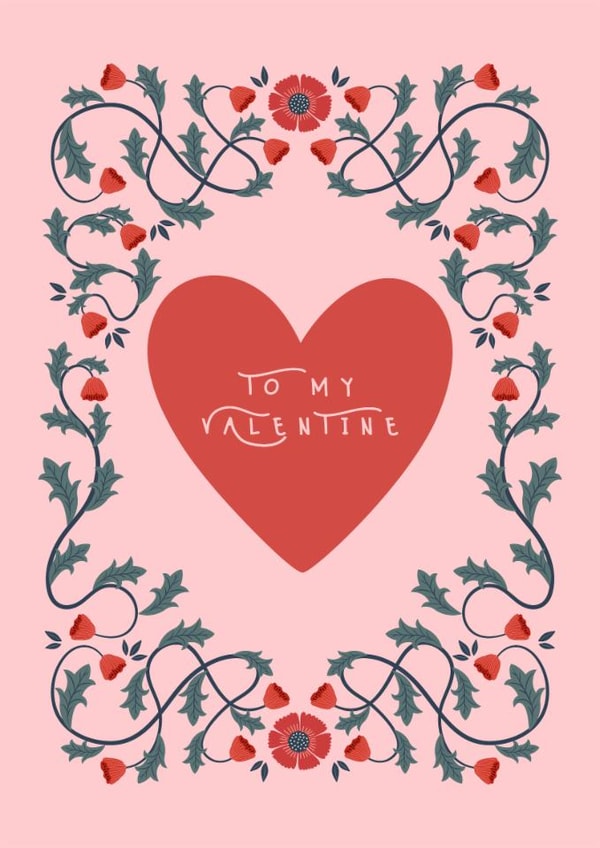 Pretty Valentine's Day Card - Folk Art Floral Heart - To My Valentine created by Sad Girl Illustration