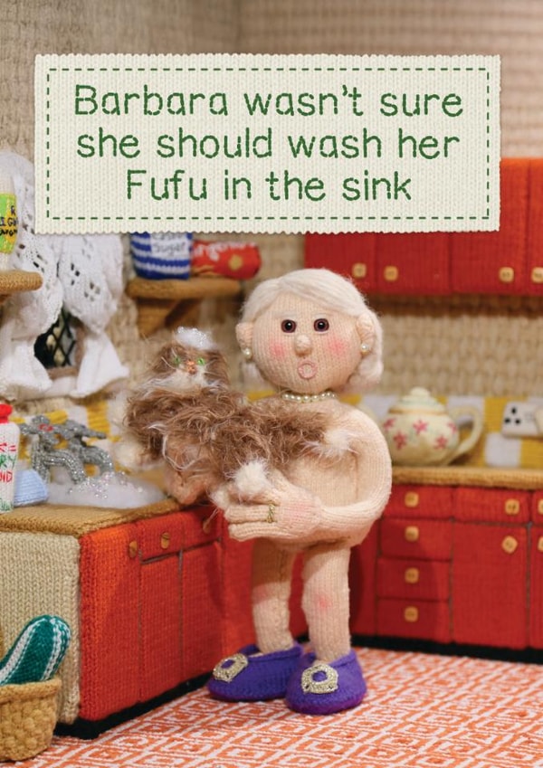 Funny Birthday Card - Barbara Wasn't Sure About Washing Her Fufu - Cat created by Brainbox Candy