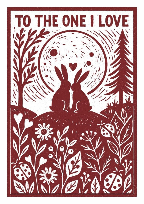 Valentine’s Day Card – To The One I Love – Linograph Rabbits and Moon Design created by The Merry Giraffe