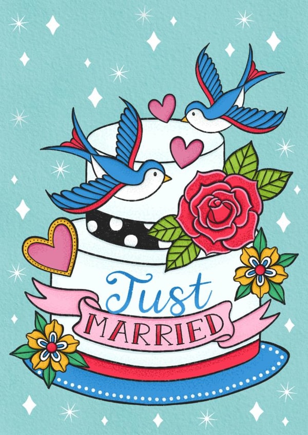 Just Married - Wedding Day - Alternative Couple - Tattoo Style - Rock and Roll created by Alice Griffiths Illustration