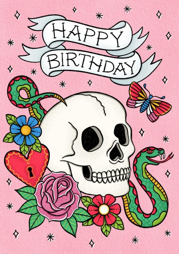 Arty Birthday Card - Traditional Skull Tattoo created by Alice Griffiths Illustration