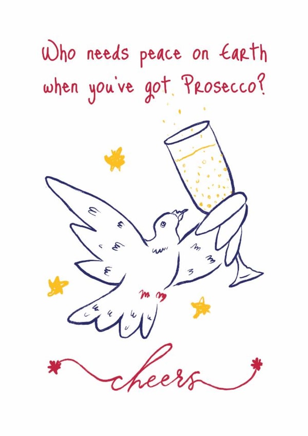 Funny Dove of Peace Drinking Prosecco Card – Quirky Christmas & Celebration Card created by Sir13